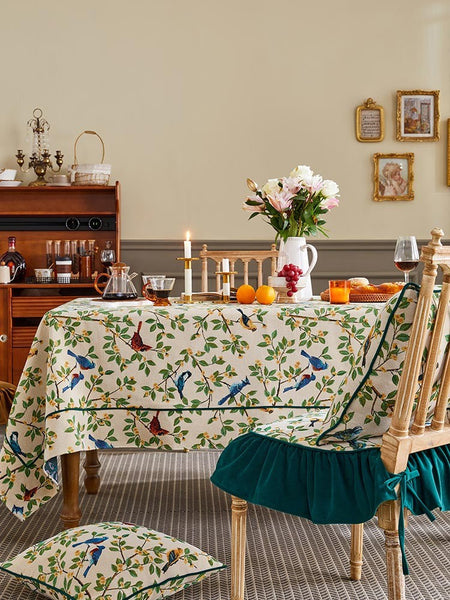 Large Modern Rectangle Tablecloth for Dining Room Table, Bird Flower Pattern Farmhouse Table Cloth, Square Tablecloth for Round Table-ArtWorkCrafts.com