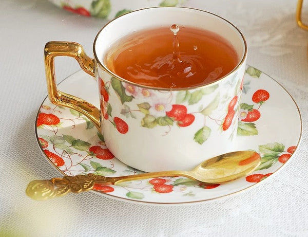 Strawberry Bone China Porcelain Tea Cup Set, Elegant Ceramic Coffee Cups, British Royal Ceramic Cups for Afternoon Tea, Unique Blue Tea Cup and Saucer in Gift Box-ArtWorkCrafts.com