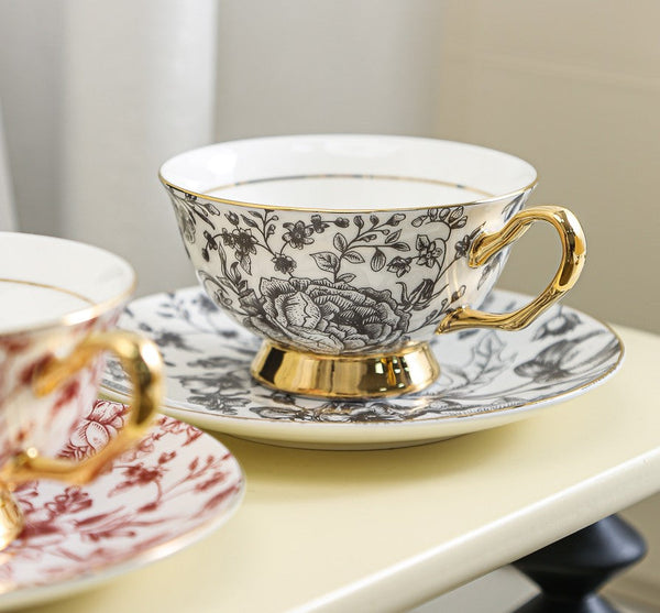 Elegant Flower Ceramic Cups, Unique Royal Coffee Cup and Saucer, Creative Porcelain Tea Cup Saucer Set, Beautiful British Tea Cups-ArtWorkCrafts.com