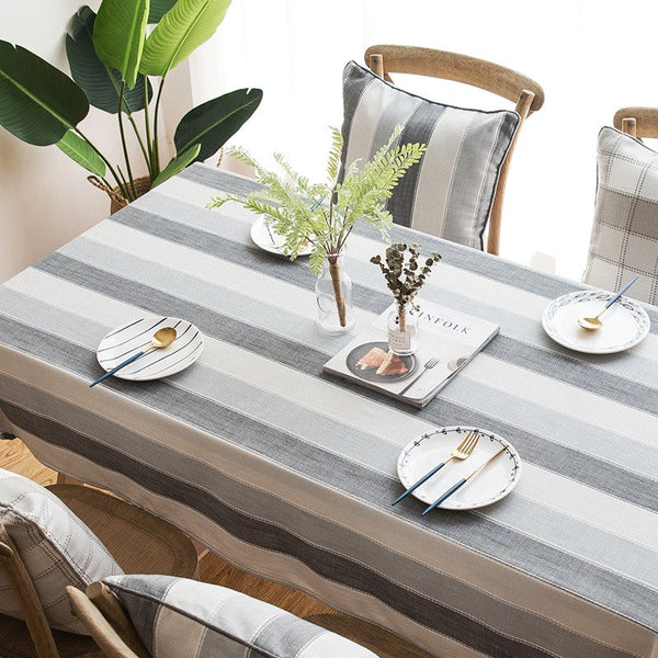 Gray Stripe Rectangular Tablecloth for Oval Table, Rectangular Table Covers for Coffee Table, Modern Table Cloths for Dining Room, Cotton and Linen Tablecloths-ArtWorkCrafts.com