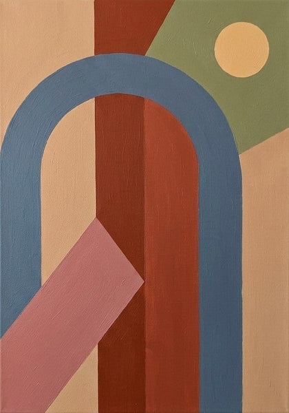 Brown Red, Blue, Sage Green Color, Geometric Pattern Abtract Art for Mid Century Modern Living Room, Original Contemporary Canvas Paintings