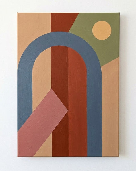Brown Red, Blue, Sage Green Color, Geometric Pattern Abtract Art for Mid Century Modern Living Room, Original Contemporary Canvas Paintings