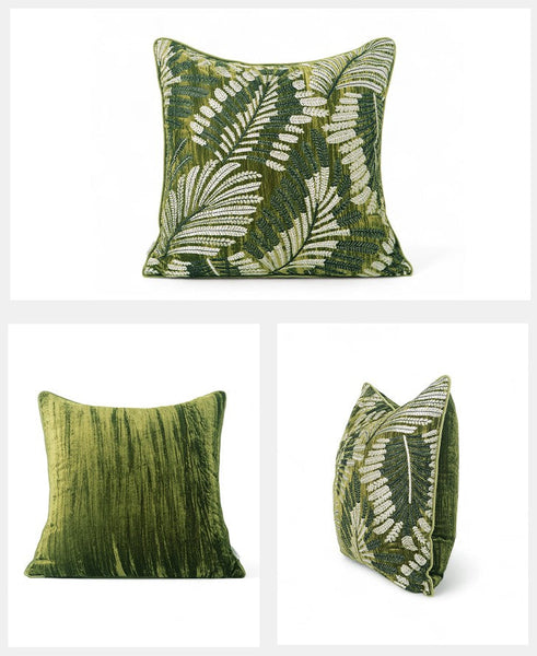 Large Throw Pillow for Interior Design, Embroidery Leaves Green Decorative Sofa Pillows, Luxury Decorative Throw Pillows for Couch, Large Square Modern Sofa Pillows-ArtWorkCrafts.com