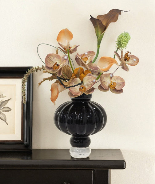 Unique Contemporary Vases for Modern Home Decor, Black Glass Bud Vases, Handmade Liuli Vases, Centerpiece Vases on Table, Black Glaze Vase-ArtWorkCrafts.com