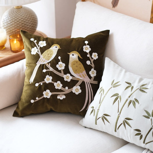 Embroidered birds cushion, Decorative Pillows for Couch, Vintage Decorative Pillows, Modern Throw Pillows for Bedroom, Decorative Pillow Arrangement Ideas for Couch-ArtWorkCrafts.com