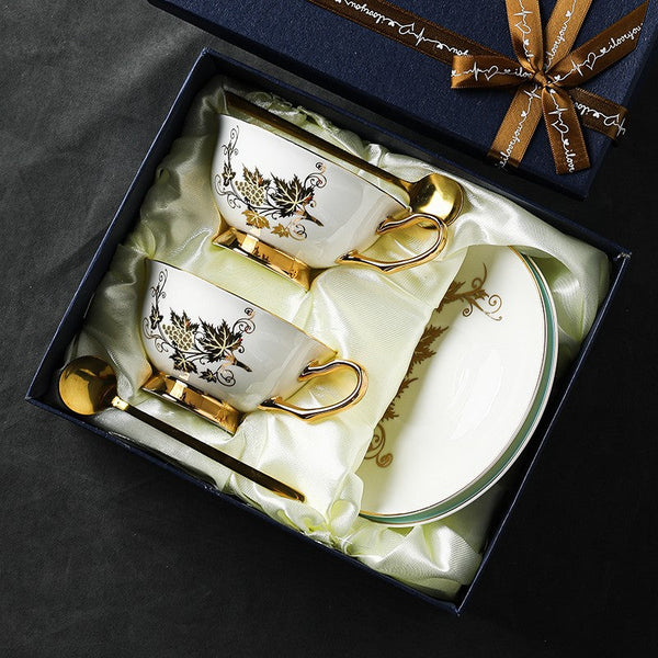 Elegant British Ceramic Coffee Cups, Golden Leaves and Grapes Porcelain Tea Cup Saucer Set, Unique British Tea Cup and Saucer in Gift Box