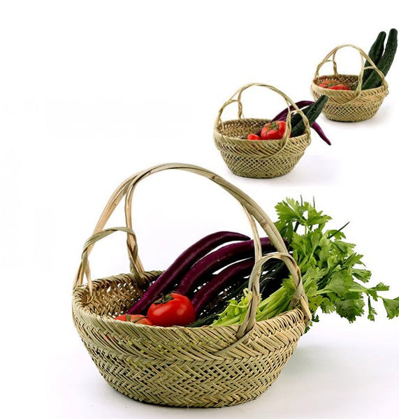 Large Picnic Food Basket with Handle, Natural Hand-woven Bamboo Basket, Lovely Bamboo Baskets for Vegetable, Natural Fruit Basket Kitchen Storage Baskets-ArtWorkCrafts.com