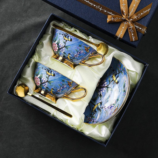 Blue Bird and Butterfly Porcelain Tea Cup Saucer Set, 7.4 oz British Tea Cup and Saucer in Gift Box, Elegant British Ceramic Coffee Cups-ArtWorkCrafts.com