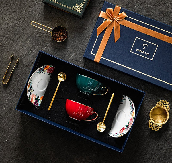 Elegant Ceramic Coffee Cups, Beautiful British Tea Cups, Creative Porcelain Tea Cup Saucer Set, 6.8 oz Tea Cup and Saucer in Gift Box-ArtWorkCrafts.com
