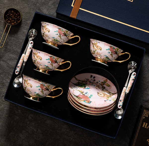 Unique Tea Cup and Saucer in Gift Box, Lovely Birds Ceramic Cups, 8 oz Ceramic Coffee Cups, Afternoon Porcelain Tea Cup Set-ArtWorkCrafts.com