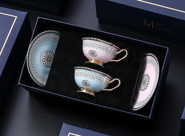 Royal Blue and Pink Bone China Porcelain Tea Cup Set, Tea Cups and Saucers in Gift Box, Elegant Ceramic Coffee Cups, Beautiful British Tea Cups-ArtWorkCrafts.com