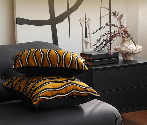 Golden Contemporary Pillows, Abstract Decorative Throw Pillows, Square Modern Throw Pillows for Couch, Large Simple Throw Pillow for Interior Design