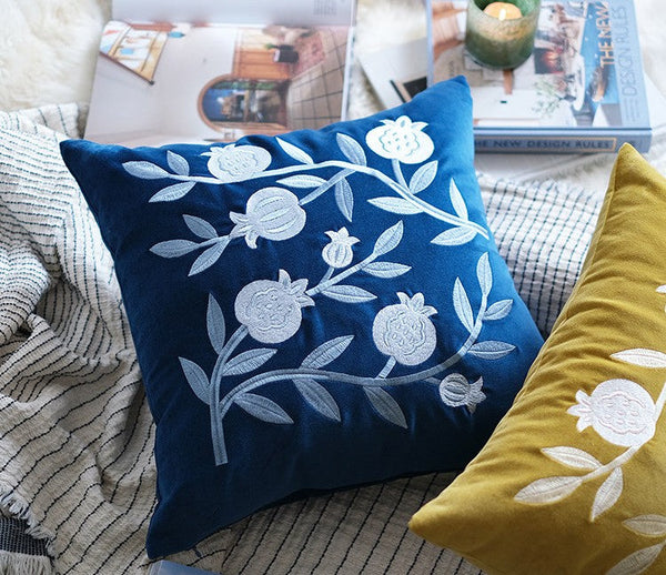 Large Decorative Pillows for Couch, Living Room Decorative Pillows, Blue Embroidered Pomegranate Cushion, Modern Throw Pillows for Bedroom, Decorative Pillow Arrangement Ideas for Couch-ArtWorkCrafts.com