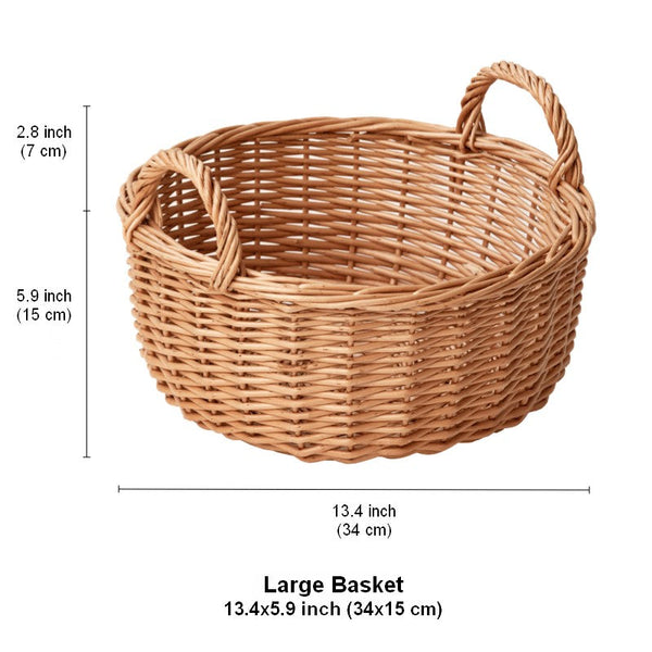 Picnic Fruit Basket with Handle, Kitchen Storage Baskets, Natural Hand-woven Wicker Round Storage Basket, Lovely Willow Weaving Baskets for Vegetable, Natural Fruit Storage Basket-ArtWorkCrafts.com