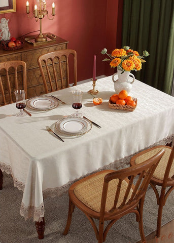 Large Simple Table Cloth for Dining Room Table, Beige Lace Tablecloth for Home Decoration, Modern Rectangle Tablecloth, Square Tablecloth for Round Table-ArtWorkCrafts.com