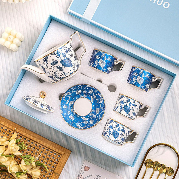 Afternoon Tea Blue Porcelain Tea Cup and Saucer Set, British Afternoon Tea Cup Set with Teapot, Ceramic Coffee Cup with Saucer in Gift Box-ArtWorkCrafts.com