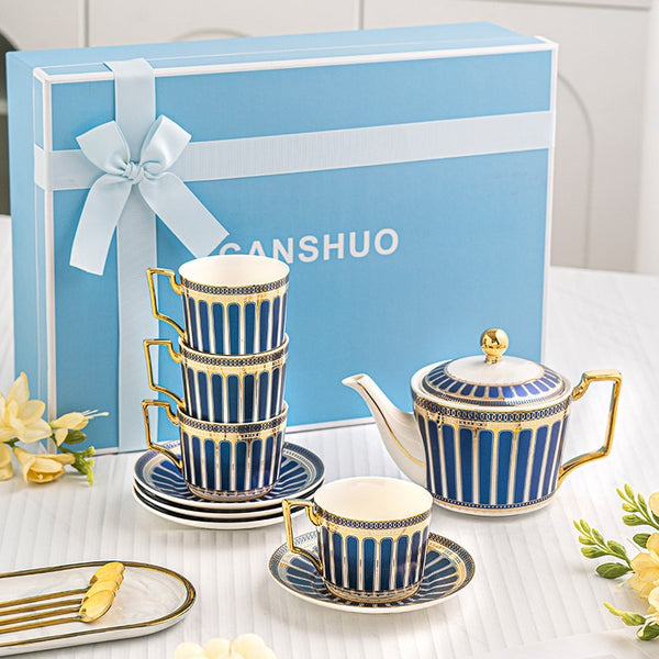 Porcelain Tea Cup and Saucer Set of 4 cups, British Tea Cup Set, 7.4 oz Blue Ceramic Tea Cup and Saucer Set with Teapot, Modern Blue Coffee Cup with Saucer-ArtWorkCrafts.com