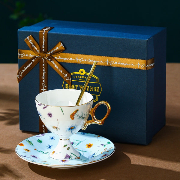 Elegant British Ceramic Coffee Cup with Sucer, Unique Tea Cup and Saucer Set in Gift Box, Floral Porcelain Tea Cup and Sucer Set, Flower Ceramic Tea Cup and Saucer-ArtWorkCrafts.com