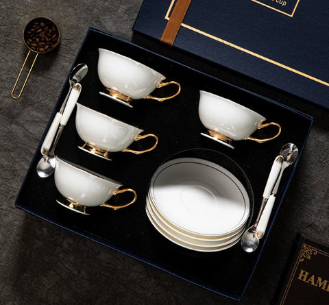 Bone China Porcelain Tea Cup Set, White Ceramic Cups, Elegant British Ceramic Coffee Cups, Unique Tea Cup and Saucer in Gift Box-ArtWorkCrafts.com