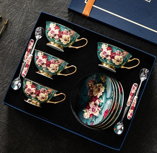 Large Rose Royal Ceramic Cups, Afternoon Porcelain Tea Cup Saucer Set, 6.8 oz Tea Cup and Saucer in Gift Box, Elegant Flower Ceramic Coffee Cups-ArtWorkCrafts.com