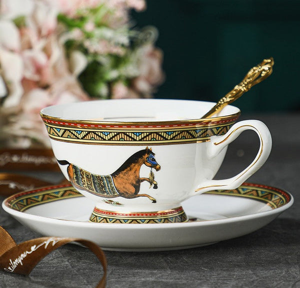 Elegant British Horse Pattern Coffee Cup with Saucer, 7.4 oz Ceramic Tea Cup and Saucer in Gift Box, Porcelain Tea Cup and Saucer Set-ArtWorkCrafts.com