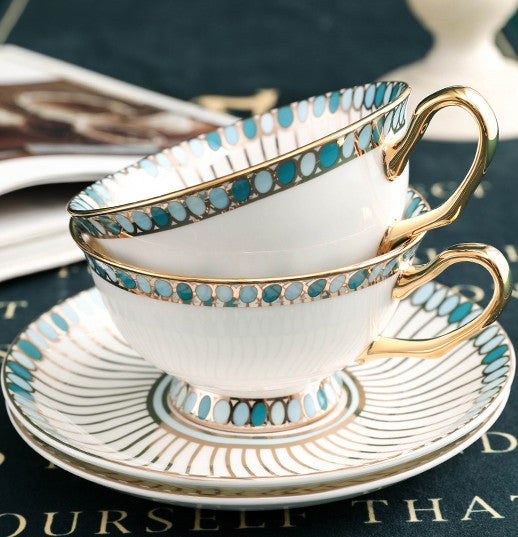 Unique Tea Cup and Saucer in Gift Box, Elegant British Ceramic Coffee Cups, Bone China Porcelain Tea Cup Set for Office, Green Ceramic Cups-ArtWorkCrafts.com
