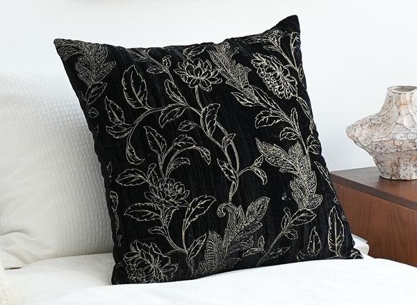 Contemporary Modern Sofa Pillows, Black Embroidery Flower Pattern Pillows for Couch, Decorative Throw Pillows for Bedroom, Large Modern Sofa Pillow for Dining Room