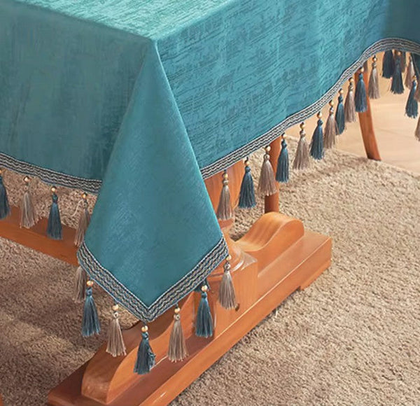 Green Fringes Tablecloth for Home Decoration, Square Tablecloth for Round Table, Modern Rectangle Tablecloth, Large Simple Table Cloth for Dining Room Table-ArtWorkCrafts.com
