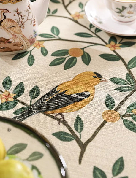 Rectangle Tablecloth for Dining Table, Oriole and Golden Orange Tree Table Cover, Extra Large Modern Tablecloth, Square Linen Tablecloth for Coffee Table-ArtWorkCrafts.com