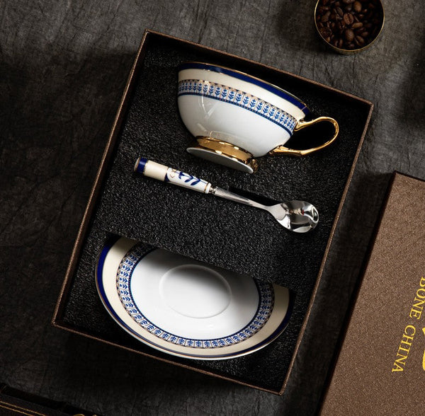 Elegant British Ceramic Coffee Cups, Unique British Tea Cup and Saucer in Gift Box, Blue Porcelain Tea Cup Set-ArtWorkCrafts.com