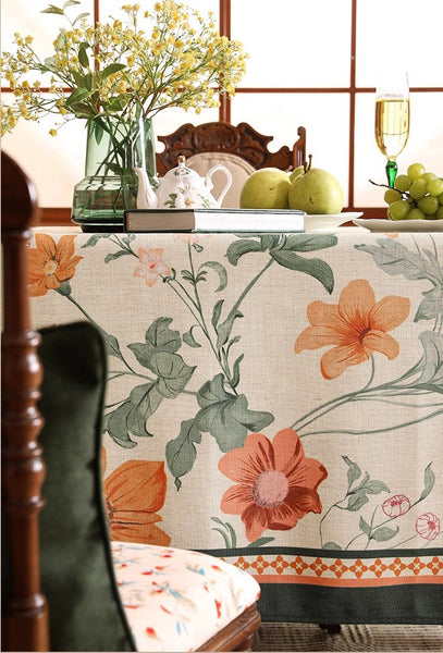 Linen Table Cover for Dining Room Table, Beautiful Kitchen Table Cover, Spring Flower Tablecloth for Round Table, Simple Modern Rectangle Tablecloth Ideas for Oval Table-ArtWorkCrafts.com