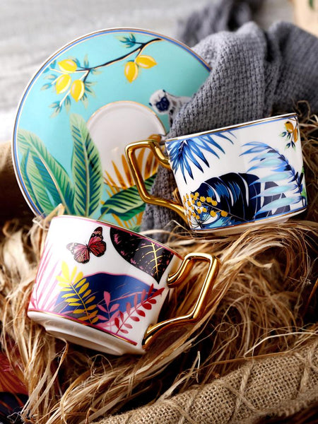 Elegant Tea Cups and Saucers, Jungle Toucan Pattern Porcelain Coffee Cups, Coffee Cups with Gold Trim and Gift Box-ArtWorkCrafts.com