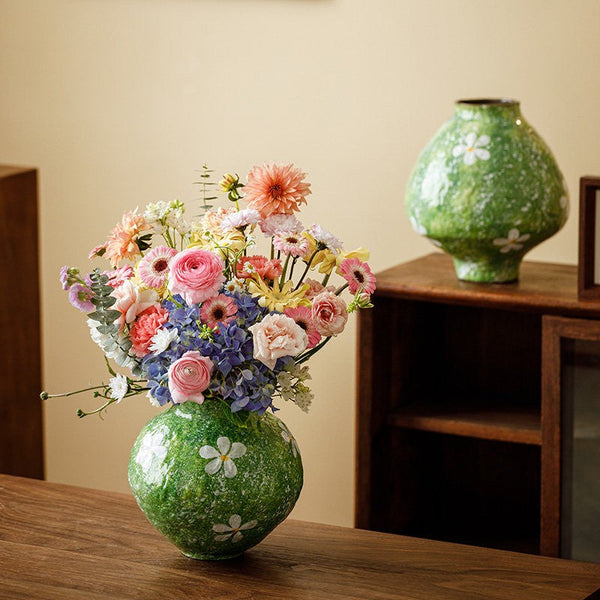 Centerpiece on Dining Table, Handmade Water Holding Flower Vases, Modern Pottery Flower Vases, Pottery Bud Vases, Large Green Flower Vases on Table-ArtWorkCrafts.com