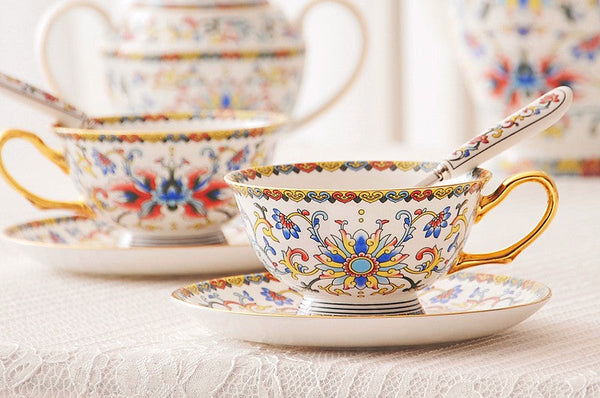 Bohemia Ceramic Coffee Cups, Creative Ceramic Cups, China Porcelain Tea Cup Set, Unique Afternoon Tea Cups and Saucers-ArtWorkCrafts.com