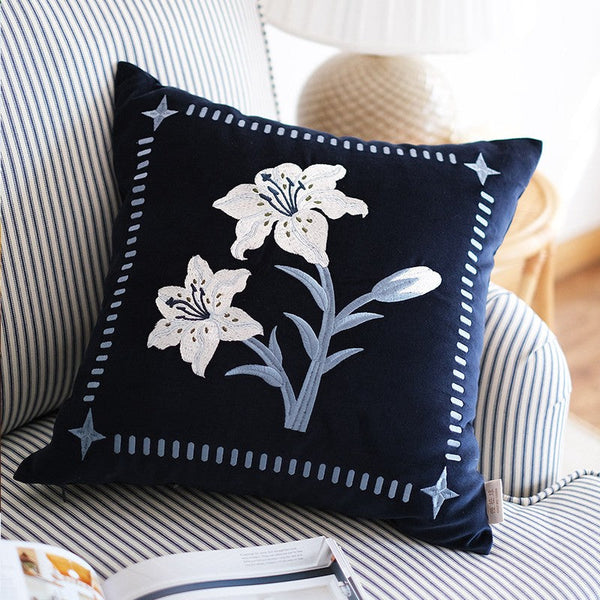 Dark Blue Lily Embroidered Cushion, Living Room Decorative Pillows, Decorative Pillow Arrangement Ideas for Couch, Large Decorative Pillows for Couch, Modern Throw Pillows for Bedroom-ArtWorkCrafts.com