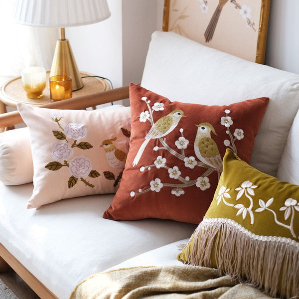 Modern Throw Pillows for Bedroom, Decorative Pillows for Couch, Vintage Decorative Pillows, Embroidered Birds Cushion, Decorative Pillow Arrangement Ideas for Couch-ArtWorkCrafts.com
