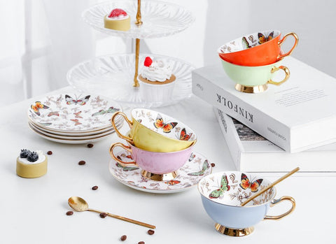Unique Butterfly Coffee Cups and Saucers, Creative Butterfly Ceramic Coffee Cups, Beautiful British Tea Cups, Creative Bone China Porcelain Tea Cup Set-ArtWorkCrafts.com