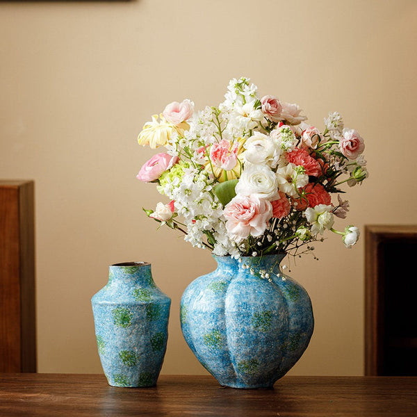 Centerpiece on Dining Table, Blue Flower Vase on Table, Handmade Water Holding Flower Vases, Pottery Flower Vases, Modern Bouquet Flower Vases-ArtWorkCrafts.com