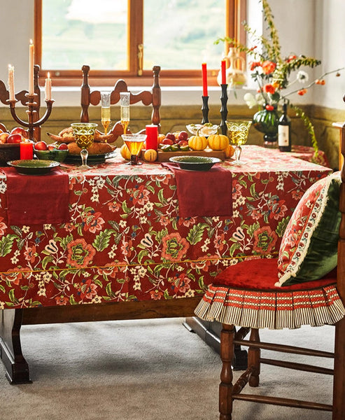 Large Modern Rectangle Tablecloth for Dining Table, Azalea Flower Pattern Table Covers for Dining Table, Red Flower Pattern Table Cloth for Oval Table-ArtWorkCrafts.com