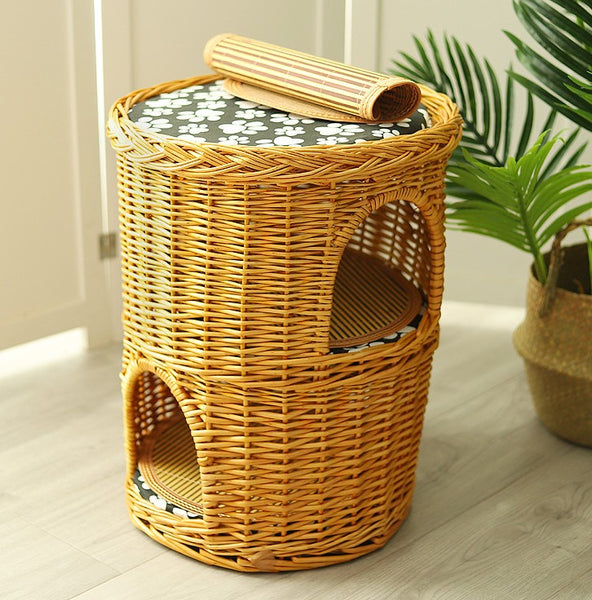 Triple-Layer Cat Bed, Large Cat House Basket with Washable Cushion for Indoor Cats and Dogs-ArtWorkCrafts.com