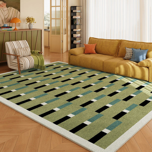 Mid Century Modern Rugs, Green Geometric Contemporary Rugs, Modern Living Room Rug Ideas, Colorful Area Rugs for Dining Room-ArtWorkCrafts.com