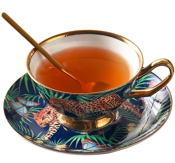Creative Leopard Ceramic Coffee Cups, Unique Tea Cups and Saucers in Gift Box as Birthday Gift, Beautiful British Tea Cups, Creative Bone China Porcelain Tea Cup Set-ArtWorkCrafts.com
