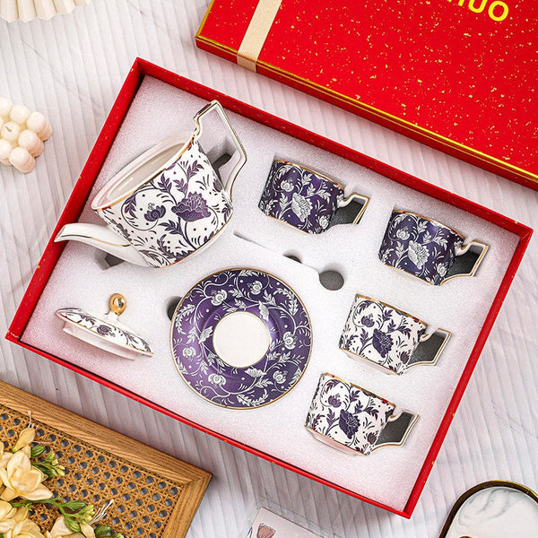 Porcelain Tea Cup and Saucer Set of 4 cups, 8 oz British Traditional Afternoon Tea Cup Set with Teapot, Ceramic Coffee Cup with Saucer in Gift Box-ArtWorkCrafts.com