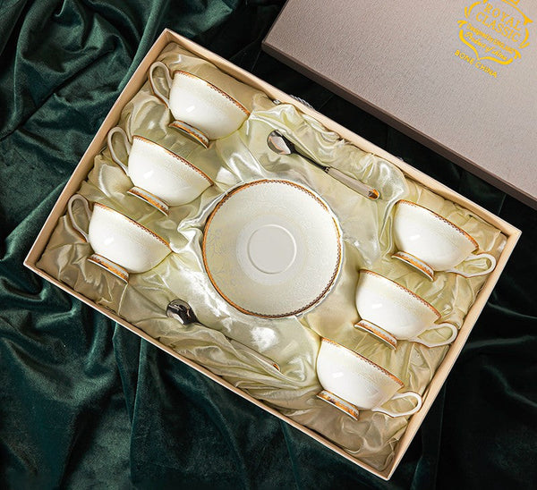 Porcelain Coffee Cup Set, White Ceramic Cups, 7.8 oz British Ceramic Coffee Cups, Unique Tea Cup and Saucer in Gift Box-ArtWorkCrafts.com
