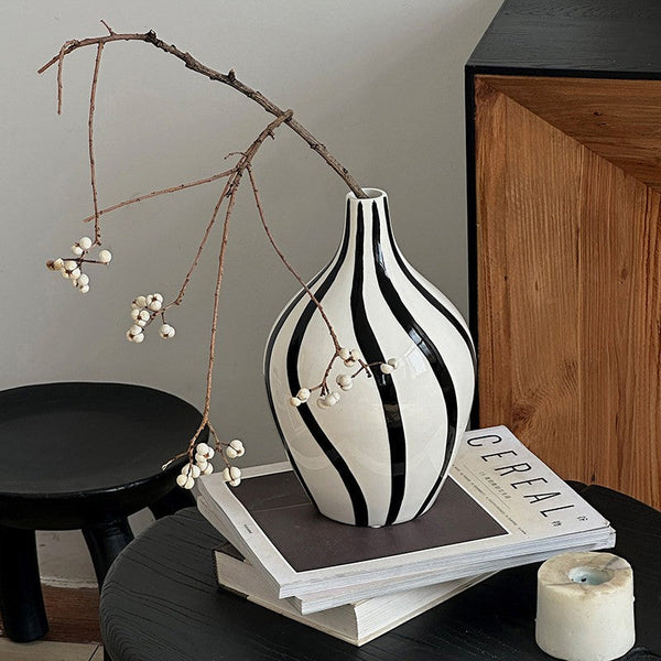 Water Holding Flower Vases, Black and White Striped Ceramic Vase, Porcelain Flower Vases, Modern Flower Vases on Table-ArtWorkCrafts.com
