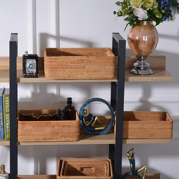 Woven Rattan Storage Baskets for Bedroom, Storage Basket for Shelves, Large Rectangular Storage Baskets for Clothes, Storage Baskets for Kitchen-ArtWorkCrafts.com