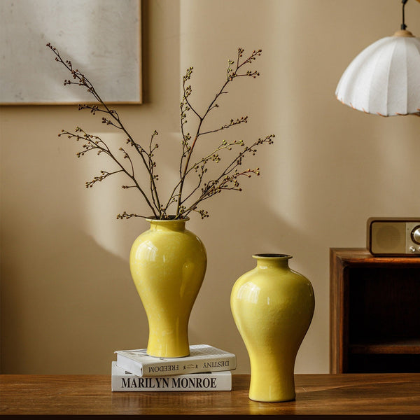 Porcelain Flower Vases, Handmade Water Holding Flower Vase, Yellow Flower Vases on Table, Ceramic Bud Vases-ArtWorkCrafts.com