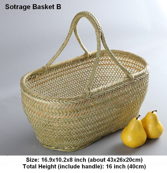 Natural Fruit Basket Kitchen Storage Baskets, Lovely Bamboo Baskets for Vegetable, Picnic Food Basket with Handle, Large Natural Hand-woven Bamboo Basket-ArtWorkCrafts.com