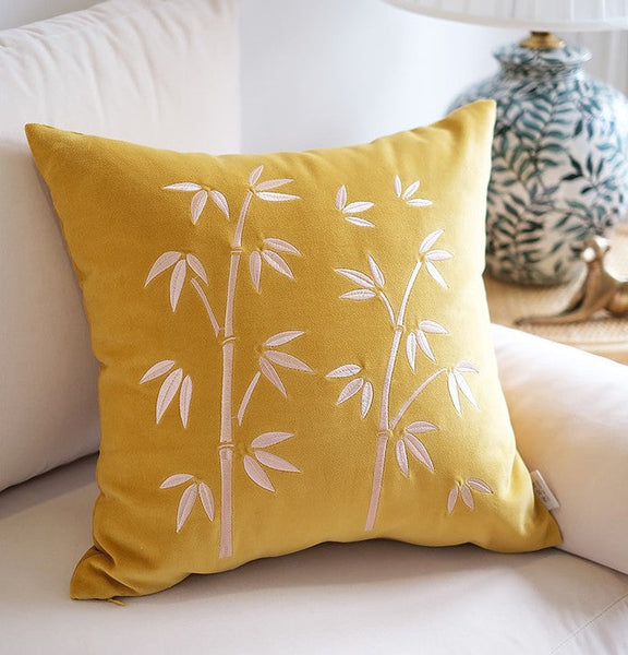 Decorative Pillow Arrangement Ideas for Couch, Large Decorative Pillows for Couch, Modern Throw Pillows for Bedroom, Living Room Decorative Pillows, Yellow Embroidered Bamboo Cushion-ArtWorkCrafts.com