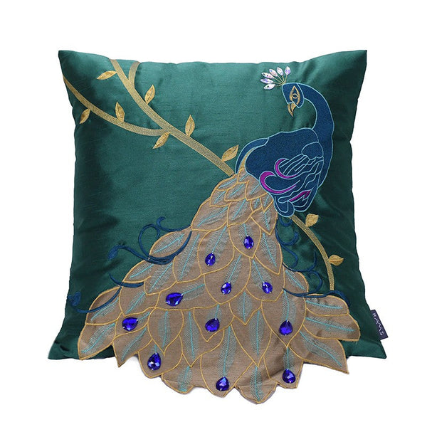 Decorative Sofa Pillows, Decorative Pillows for Couch, Beautiful Decorative Throw Pillows, Green Embroider Peacock Cotton and linen Pillow Cover-ArtWorkCrafts.com